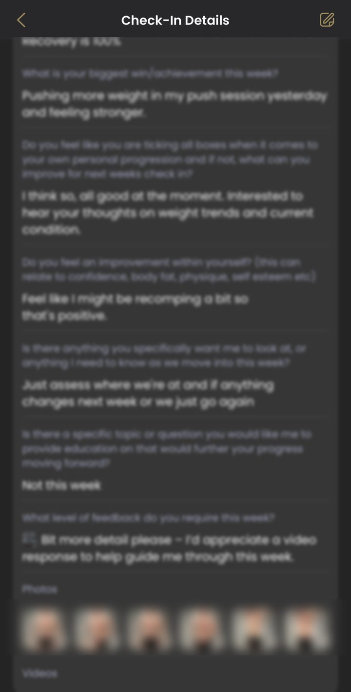 A weekly check-in in the coaching app, blurred for privacy